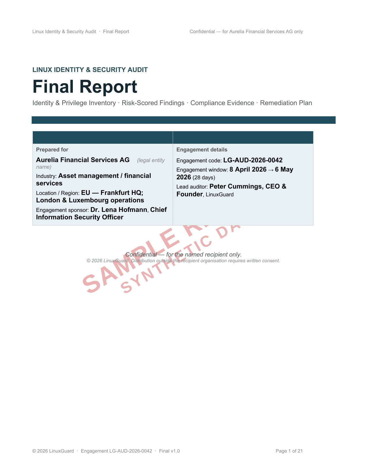 Sample audit report cover — Linux Identity & Security Audit, Aurelia Financial Services AG